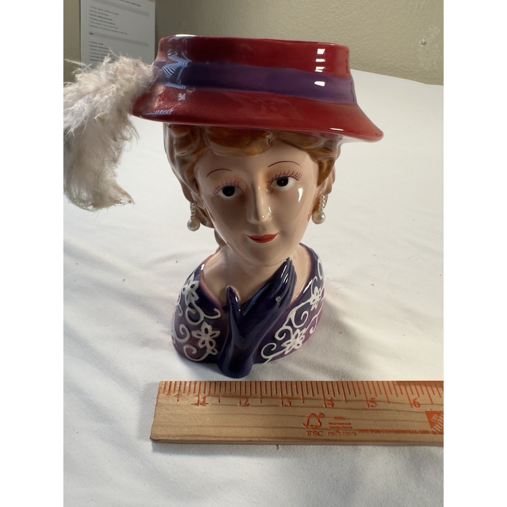 Lefton Head Vase 8 Inch Lady Porcelain Feather Hat Earrings - Picture 10 of 12